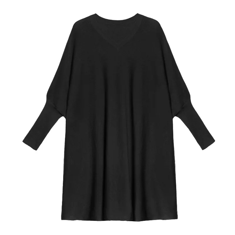 Women Knitted Dresses Solid Mid Length Dress V Neck Batwing Sleeve Slight Stretch Loose Fit Casual Streetwear 2025 Spring Autumn