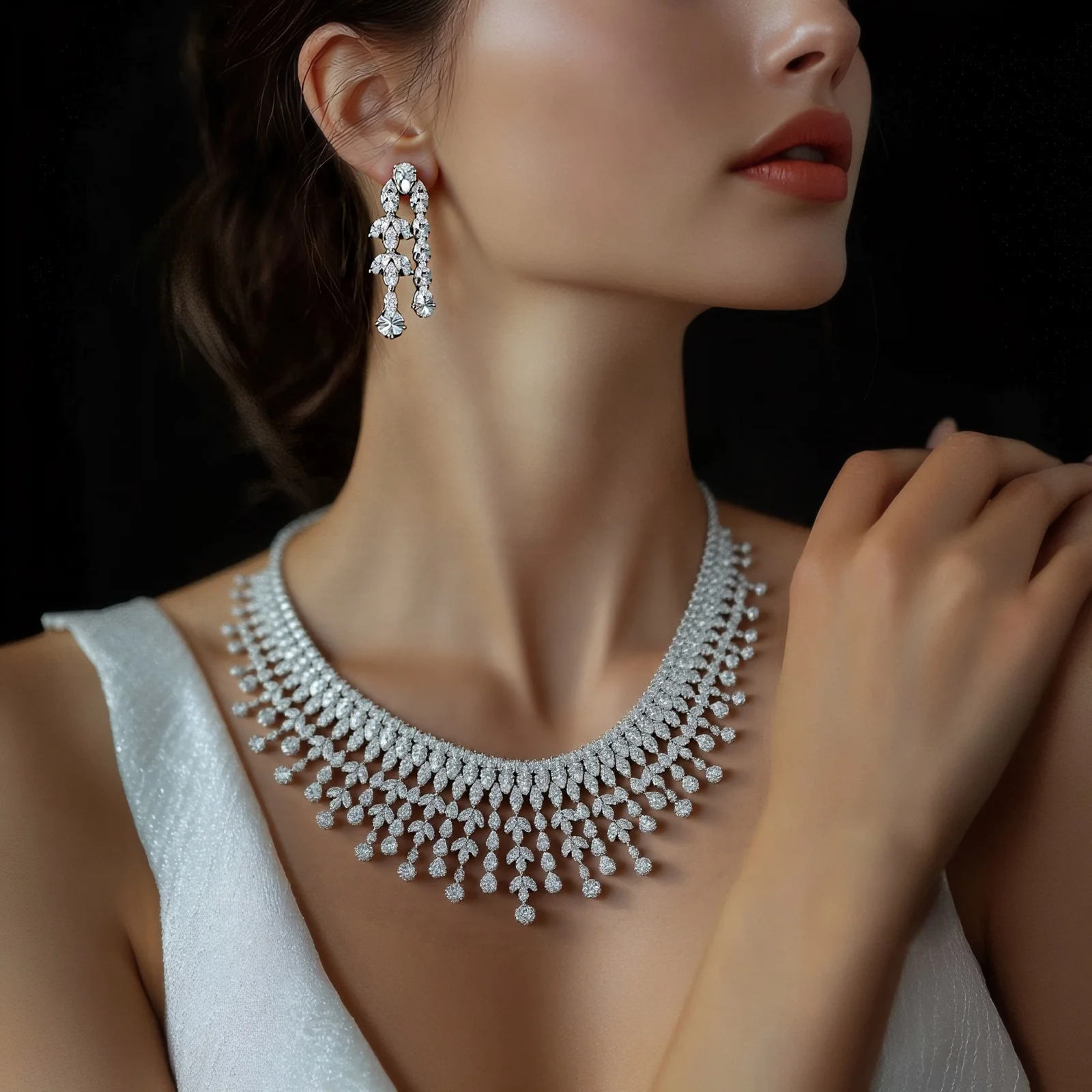 HIBRIDE Fashion White AAA CZ Zirconia Leaf Earring Necklace Set for Women Bridal Weddings Jewelry Set bijoux femme ensembl N-480