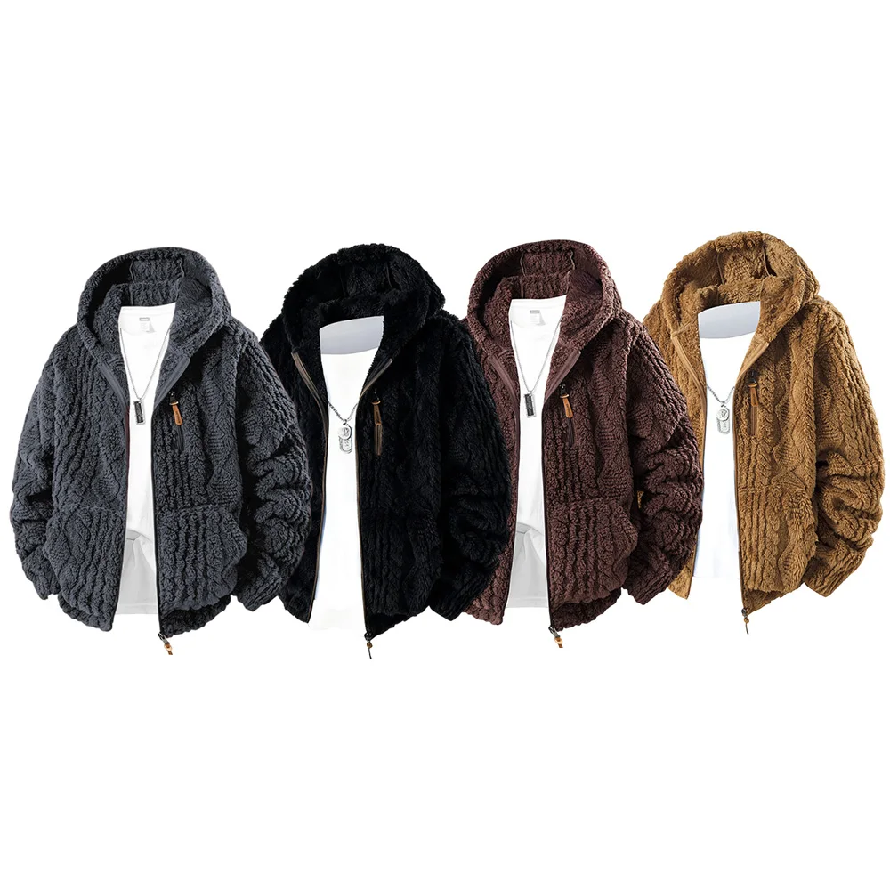 

Men's wool jacket, men's hooded wool jacket, warm wool jacket for autumn and winter, loose solid-colored long plush coat