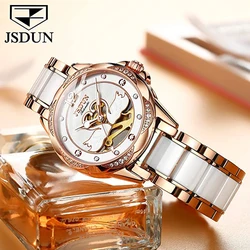 Jsdun Luxus mechanische Frauen Uhr Liebe Schwan Design Skelett elegante Keramik Armband wasserdichte Damen Kleid Armbanduhr