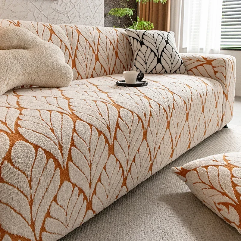 Leaf Jacquard Elastic Sofa Cover Plush Autumn and Winter Warm All-Inclusive Couch Slipcover Stretch Sofa Cushion for Living Room