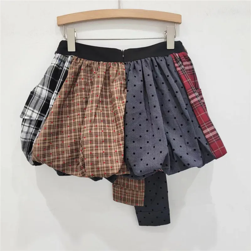 Fashion Bud Skirt Contrast Color Plaid Patchwork Lace Up Pockets Zipper Back Mini Skirt Polka Dot Summer Trend Streetwear