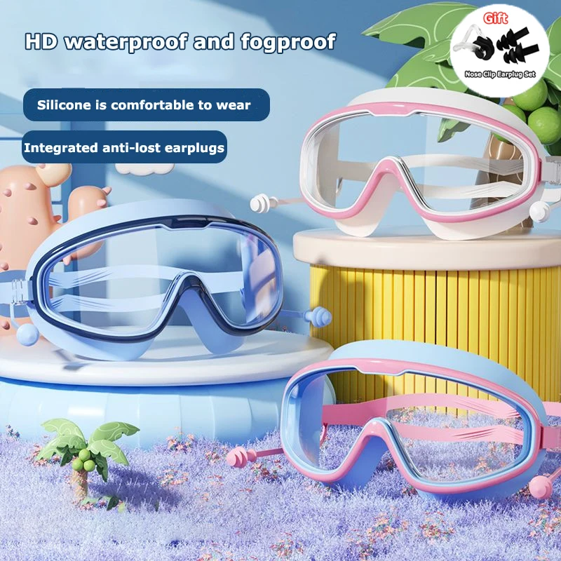 

Swimming Glasses with Earplugs Large Frame Antifog Waterproof Clear Colorful Goggles for Adults Kids Pool Beach Swim Accessories