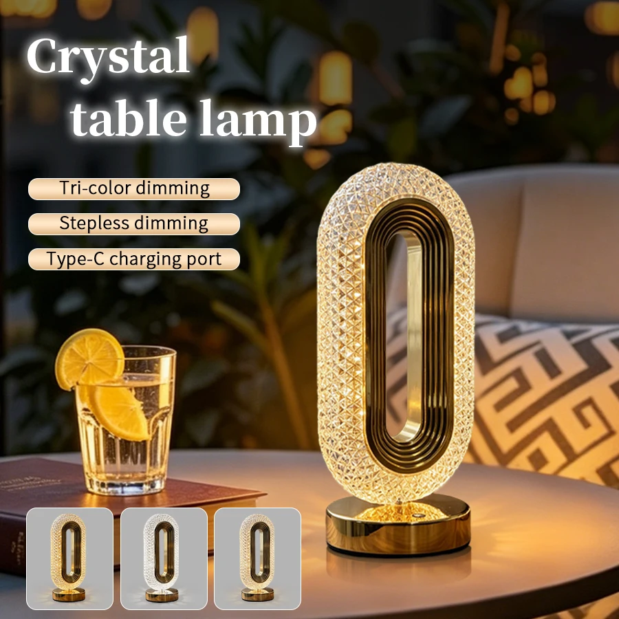 

LED Crystal Table Lamp Touch Dimmable Night Light USB Rechargeable Bedside Lamp 3 Color Temperatures Ambient Light Home Decor