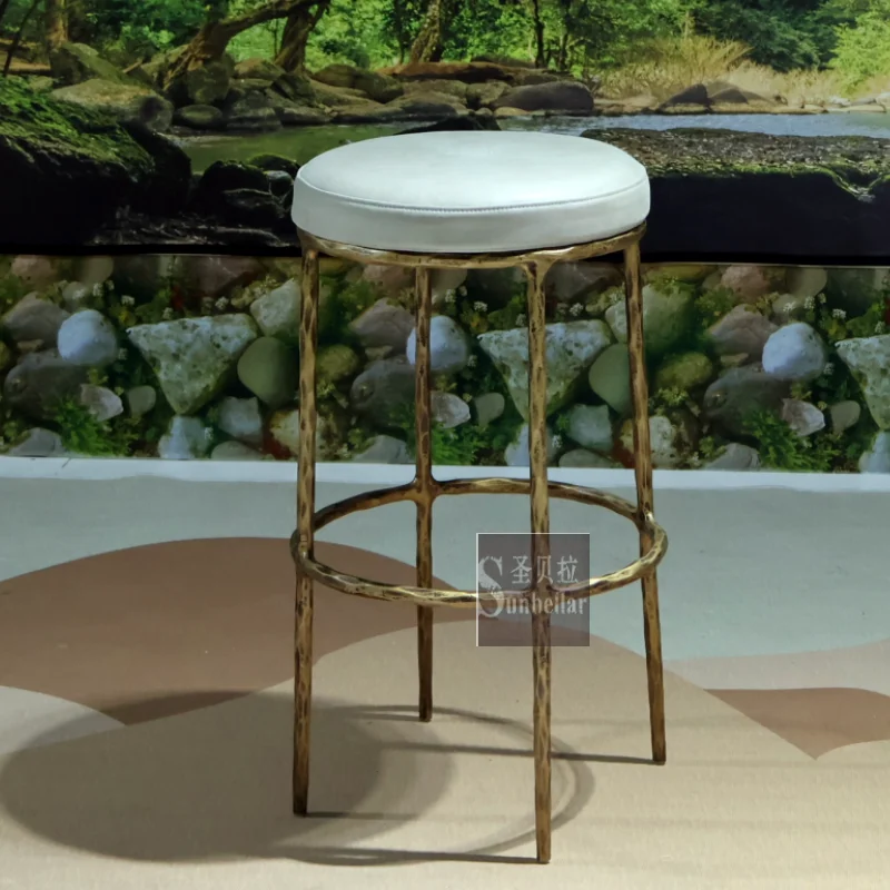 Hot Selling Top Grain Genuine Leather Metal Forged Iron Round bar Stool Home Kitchen Dining Room bar Stool Chair Counter Stool