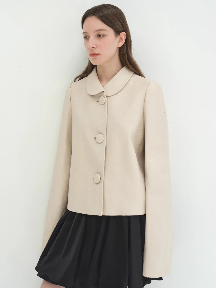 カジュアルクロップド本革ジャケット女性のための春秋ハイエンドシンプルなシングルブレスト固体ソフトリアルシープスキンコート