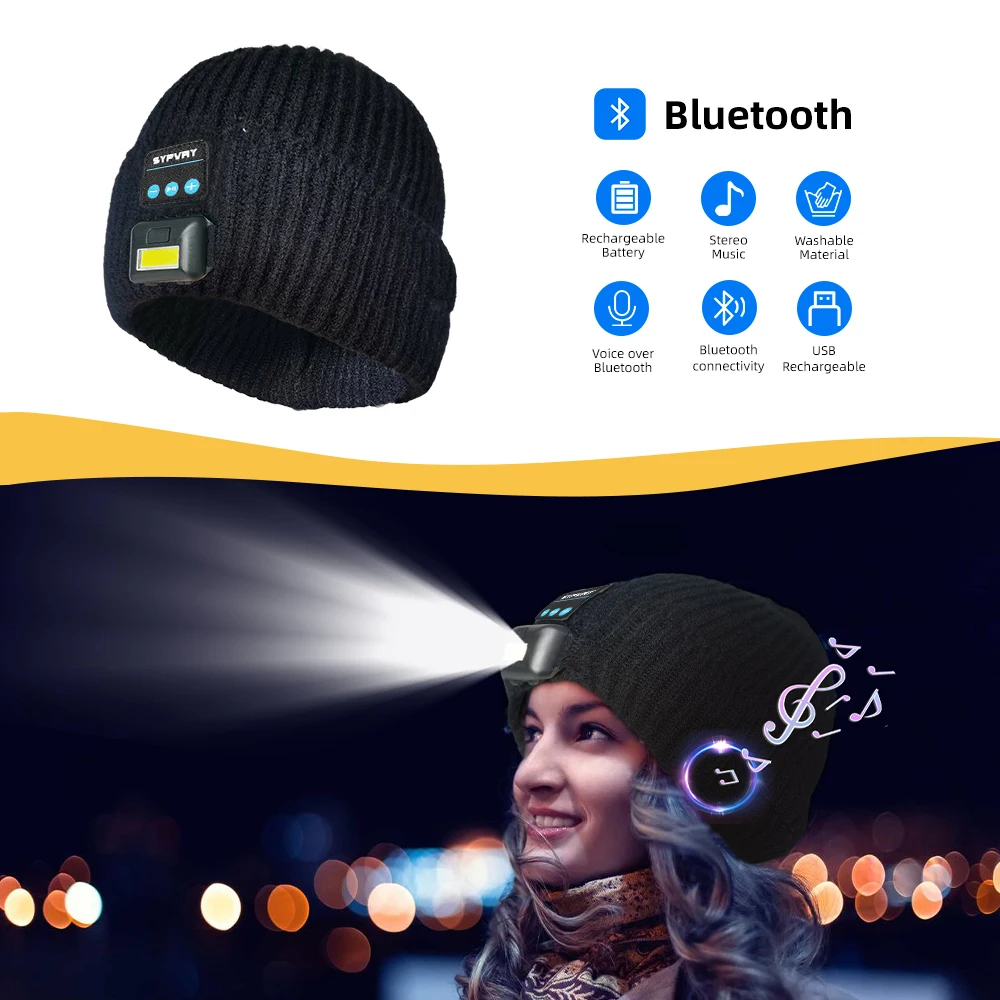 Bluetooth Beanie with Light, Unisex LED Headlamp Hat with Wireless Headphones, Unique Christmas Birthday Gifts