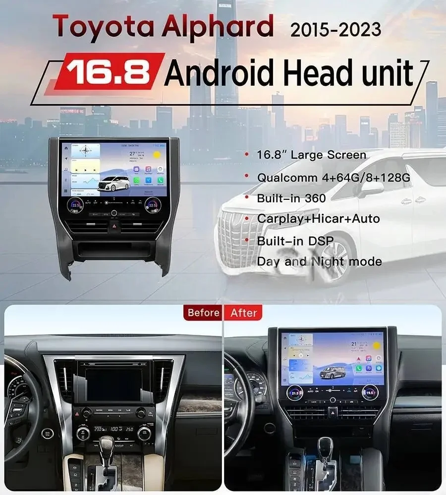 16.8 inch Car Radio Android 13 For Toyota Alphard 30 2015-2023 A30 Upgraded  To 40 CarPlay Video Player GPS Video Stereo 4G WIFI