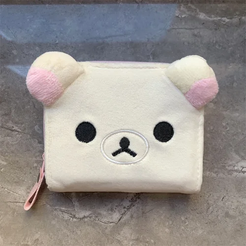 Imagen 2 del producto Cartera de felpa Rilakkuma Korilakkuma, monedero con cara de oso de dibujos animados, lindas carteras cortas para mujeres y niñas, monederos blancos Kawaii, Clips para dinero