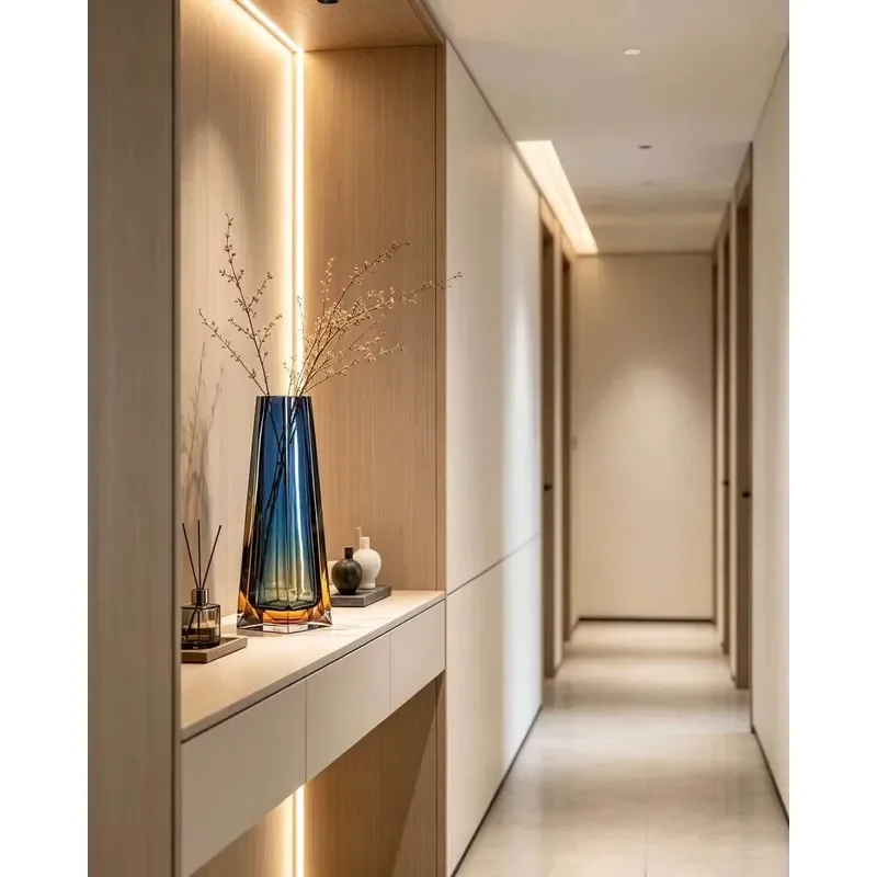 Geometric Prism Crystal Glass Vase Tall Tube Blue Amber Gradient Home Interior Decoration Desktop Ornament Modern Art Piece