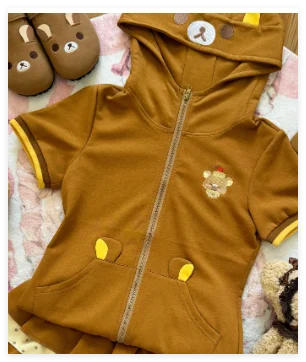 和風可愛いソフトでキュートな刺繍入り水玉レースフード付きサマーバブル半袖スリムブラウンコートケーキミニスカートセット