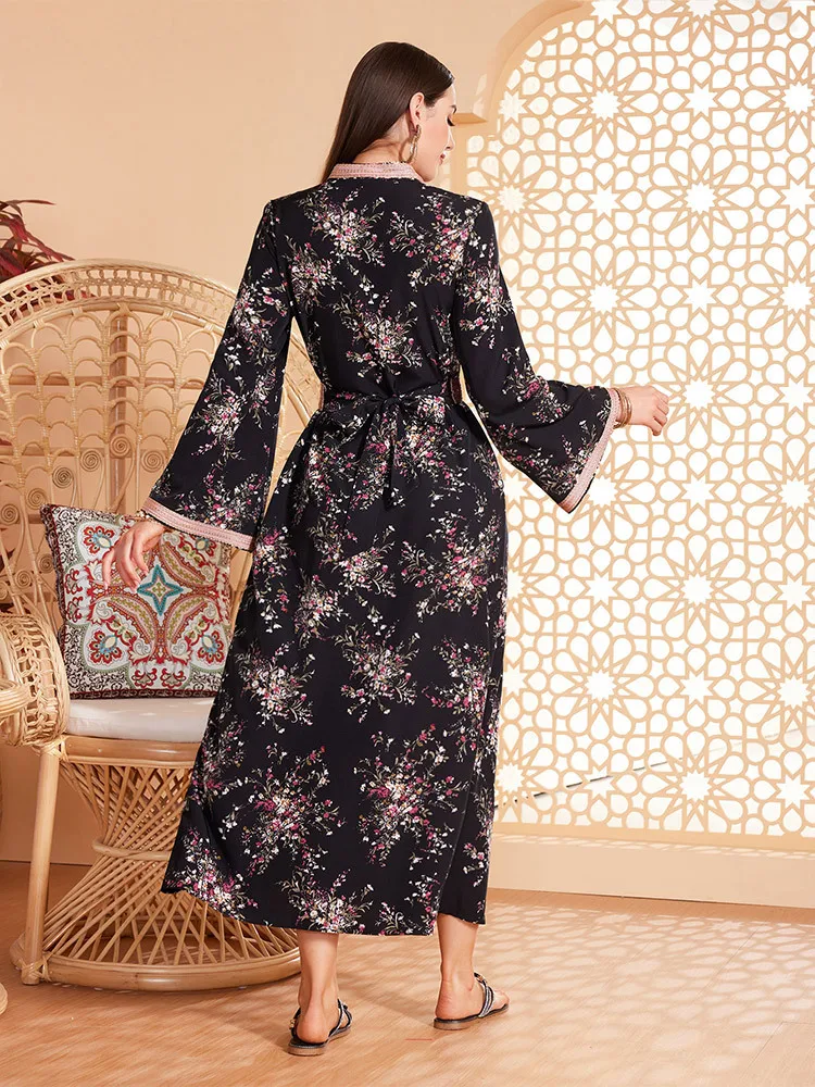 Neue Blumen Kaftan Arabisch langes Kleid Frauen gedruckt muslimischen marok kanis chen Party Kaftan Golf Jalabiya Dubai türkische Abayas schwarze Kleider