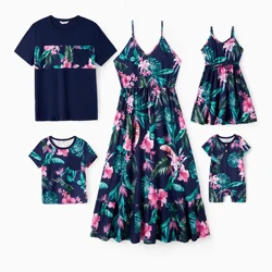 PatPat Family Matching Floral Panel Tee and Flower Pattern Ruffle Hem Strap Dress Sets