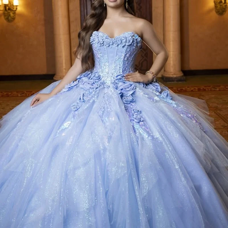 

Blue Quinceanera Dress Glitter Crystal 3D flower Decal Lace layering Long tail Bow Vestidos De 15 Quinceanera ﻿Customize