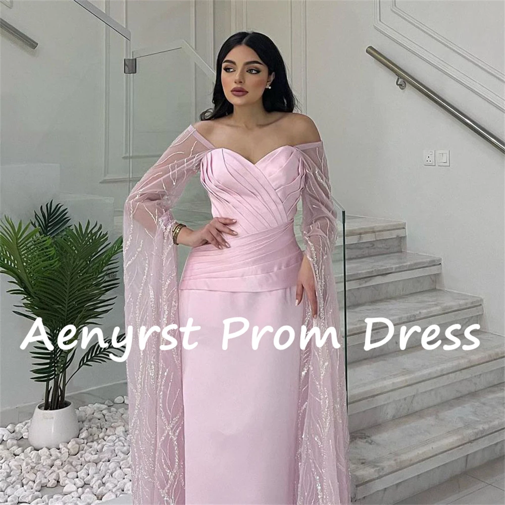 Aenyrst Roze Liefje Lange Lovertjes Prom Jurken Off Shoulder Zeemeermin Geplooide Avondjurken Vloerlengte Feestjurk