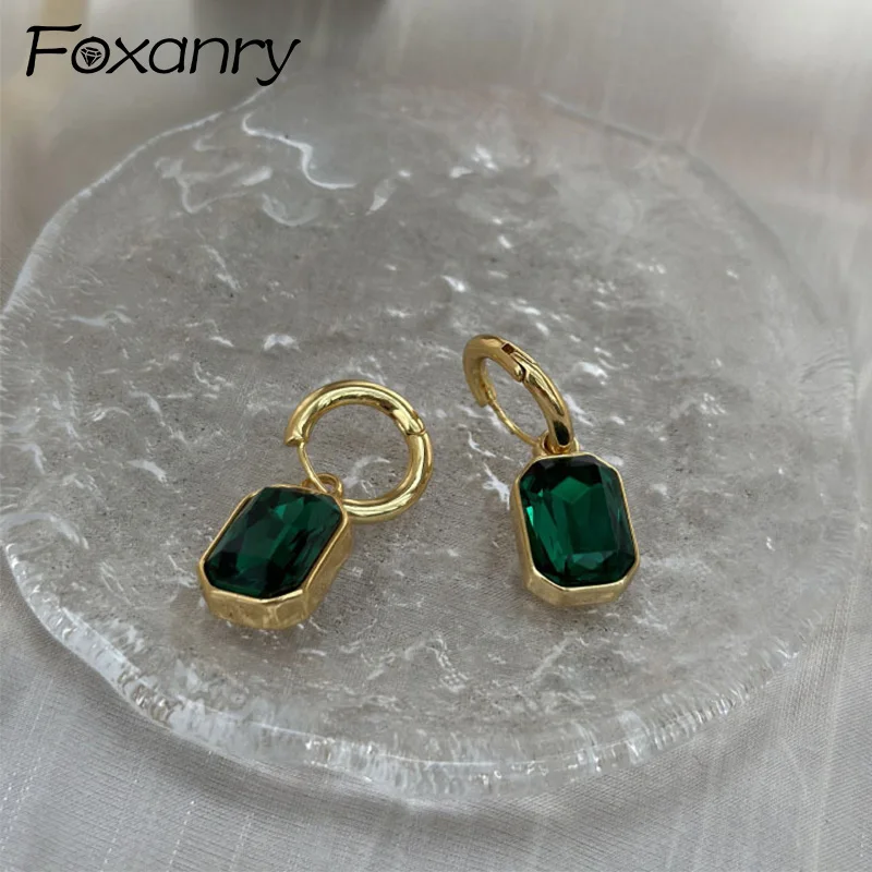 Foxanry Vintage Green Zircon Drop Earrings For Women Couples Trendy Minimalist Exquisite Classic Elegant Engagement Jewelry Gift