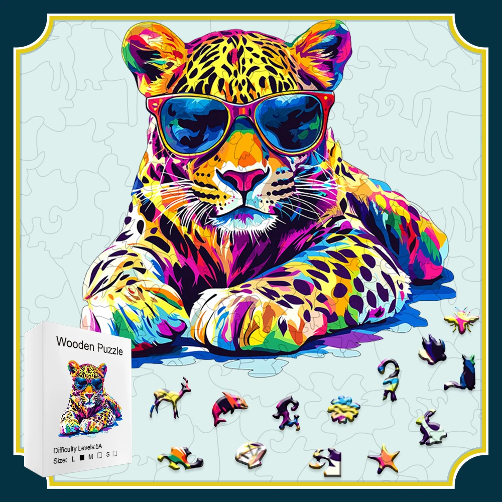 

Colorful Leopard Premium Wooden Puzzle with Display Base | Irregular Shapes & Vivid Wildlife Modern Art Home Decor | Family Bond