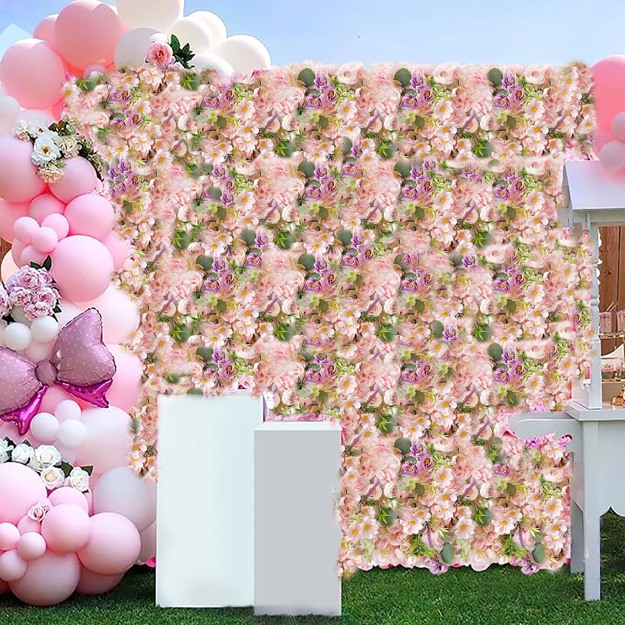 2Pcs Fower Wall Panel Artificial Flower Wall Decoration 3D Silk Pink White Wall Wedding Home Store Party Photo Sorting Outdoor