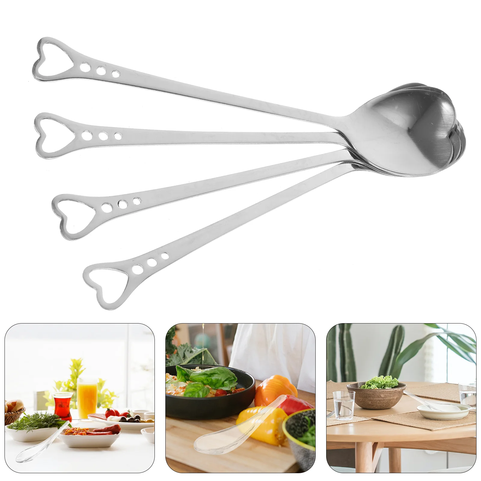 4pcs Stainless Steel Heart Shape Spoons Scoop Stirring Spoon Tableware for Dessert Cake Coffee