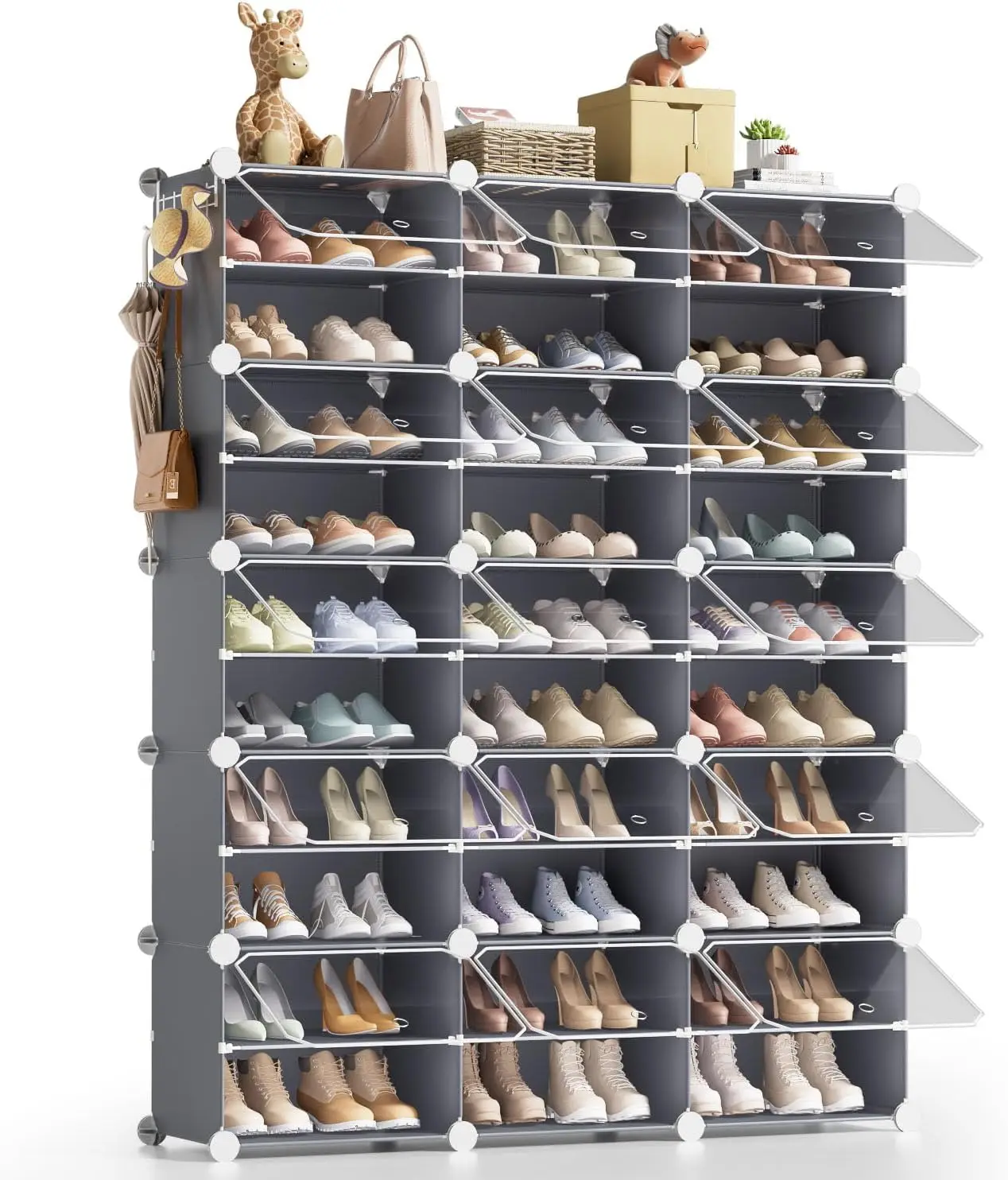 

Large Shoe Storage Organizer Cabinet System, 60 Pairs Tall Shoe Ra Organizer With Cover Doors, Plastic Tall Shoes Shelves