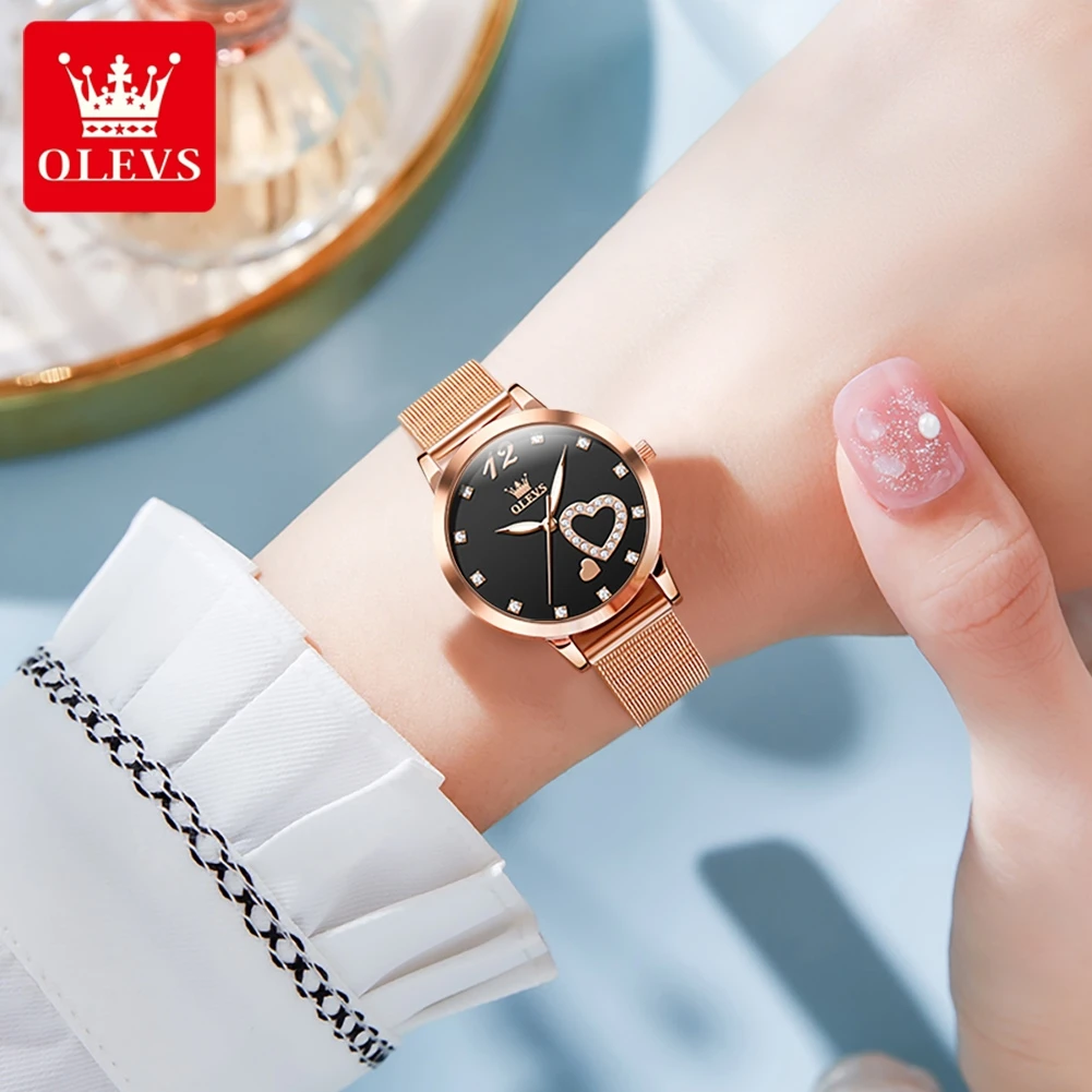 OLEVS 5189, простые кварцевые часы для женщин, дизайн с бриллиантами и сердечками, модные элегантные водонепроницаемые женские часы со стальным ремешком из розового золота