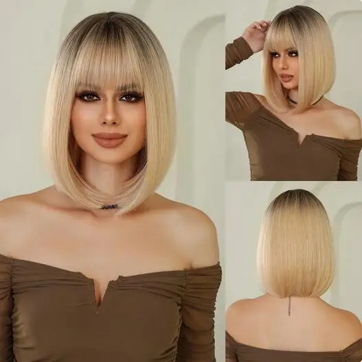 

Blonde Ombre Short Straight Wigs for Women Synthetic Hair Wig with Bangs Cosplay Party Wigs High Temperature Fiber