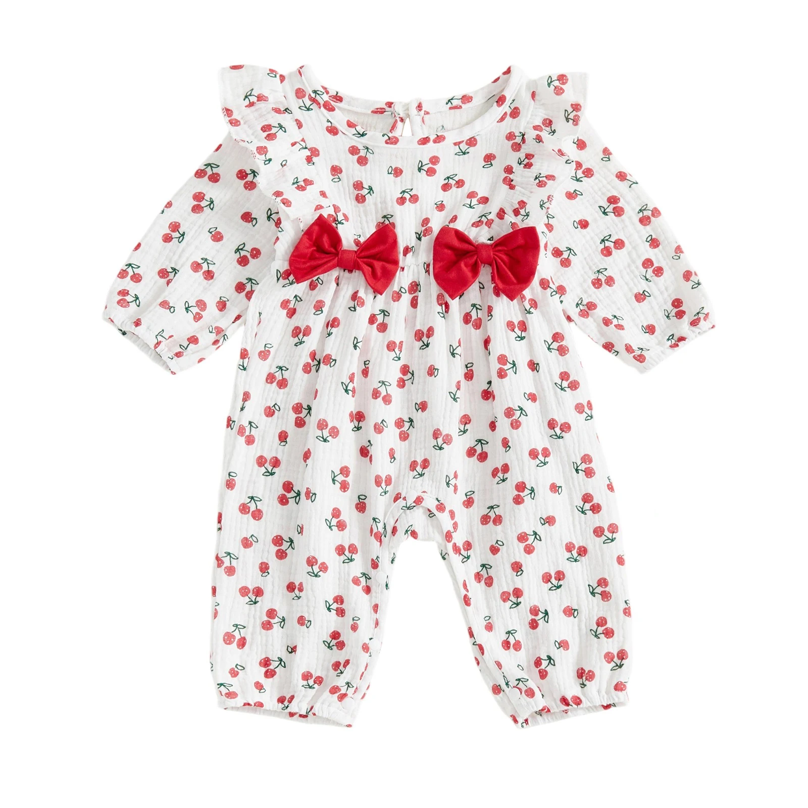 Entzückender Herbst für Kleinkinder mit niedlichem Kirschmuster, stilvollen langen Ärmeln und zarten Rüschendetails