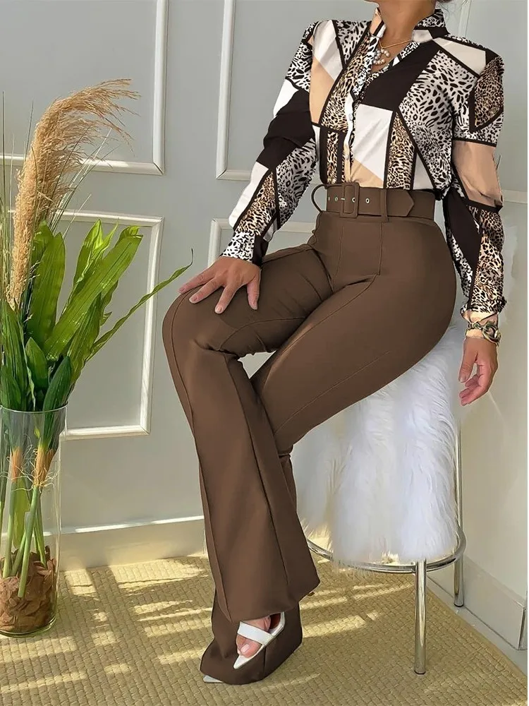 Casual Long Sleeve Shirt Pants Set Office Lady Fashion V Neck Floral Print Shirt Trousers Two Piece Set Women Outfit 2023