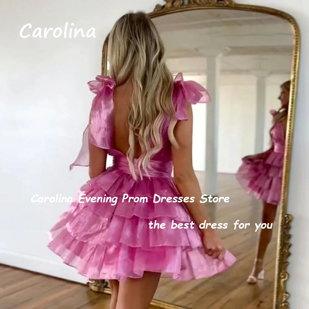 Carolina Fuchsia Short Tulle Homecoming Dresses for Teens 2024 Sparkly Tiered Ruffle Prom Dress with Bow Straps