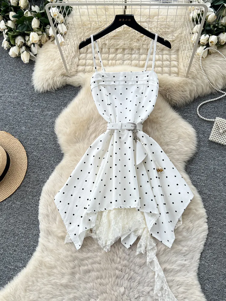 Women's White Polka Dot Cami Mini Dress Korean Vintage Sweet Birthday Party Dress Irregular A-Line Short Dress for Women Summer