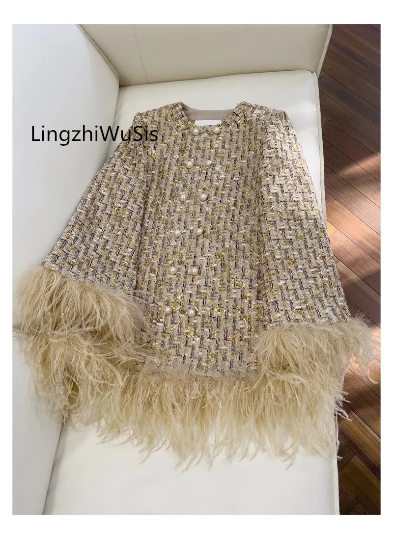 LingzhiWusis Early Winter Design Ladies Feathers Patchwork Flare Sleeve A-Line Coat Sequins Outerwear Wyściełany bawełniany top New