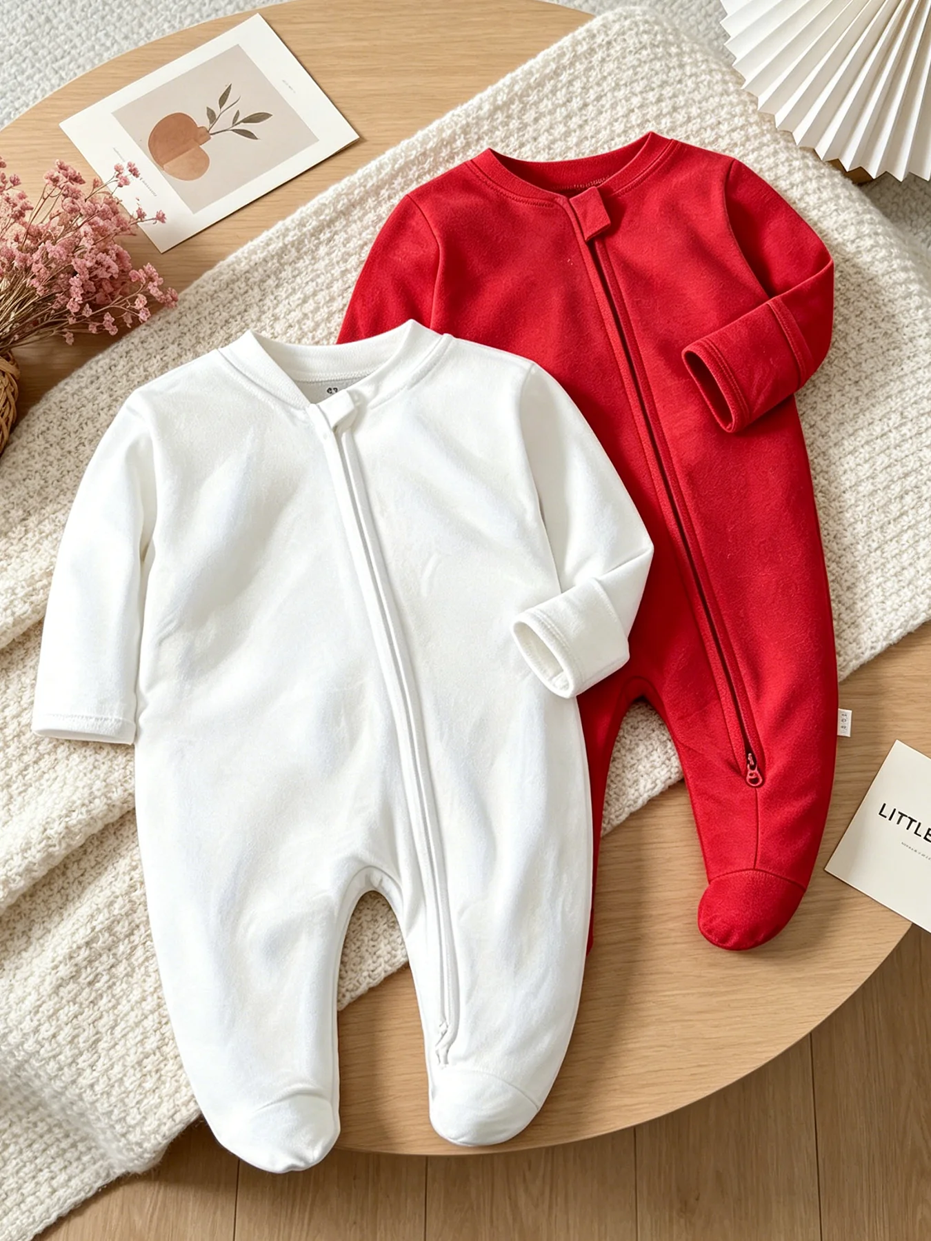 TtkaaBaby 100% Cotton Solid Color Red and White Footed Long-Sleeve Zipper Two-Piece Set for Girls—Baby Sleepers