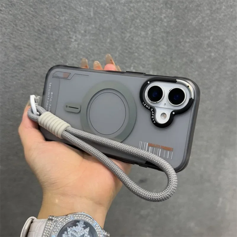Luxury Matte Magnetic Business Magsafe Case for iPhone 16 13 14 15 Pro Max Fashion Wrist Strap Wireless Charge Shockproof Cover