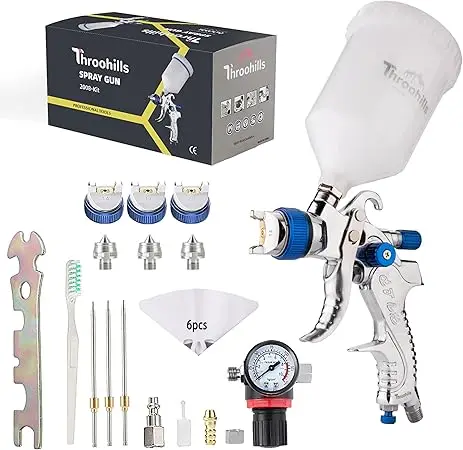 HVLP Paint Gun with 600ml Plastic Paint Cups & 3 Nozzles Gravity Feed Spray Gun & 1pc Pressure Gauge and 6pcs Paint Strainers for Automotive, Car Painting, Primer, Base Coat Painting