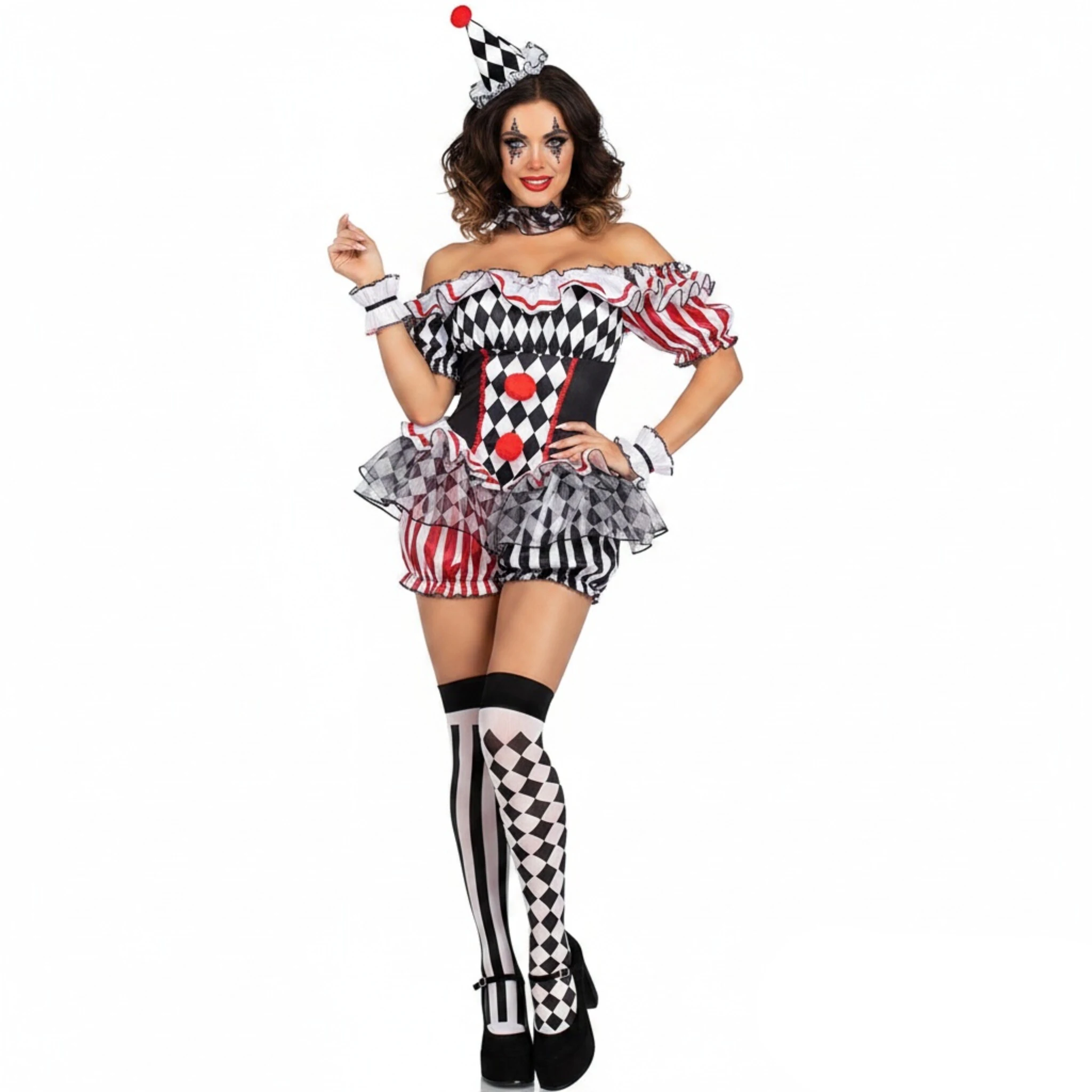 大人用ハーレクインコスプレコスチューム、菱形ストライプのロンパース、ハロウィン仮装パーティー用パフォーマンススーツ、アクセサリー付き