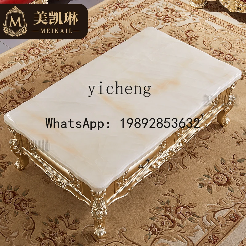 TT European solid wood carving flower coffee table, imported natural marble rectangular coffee table