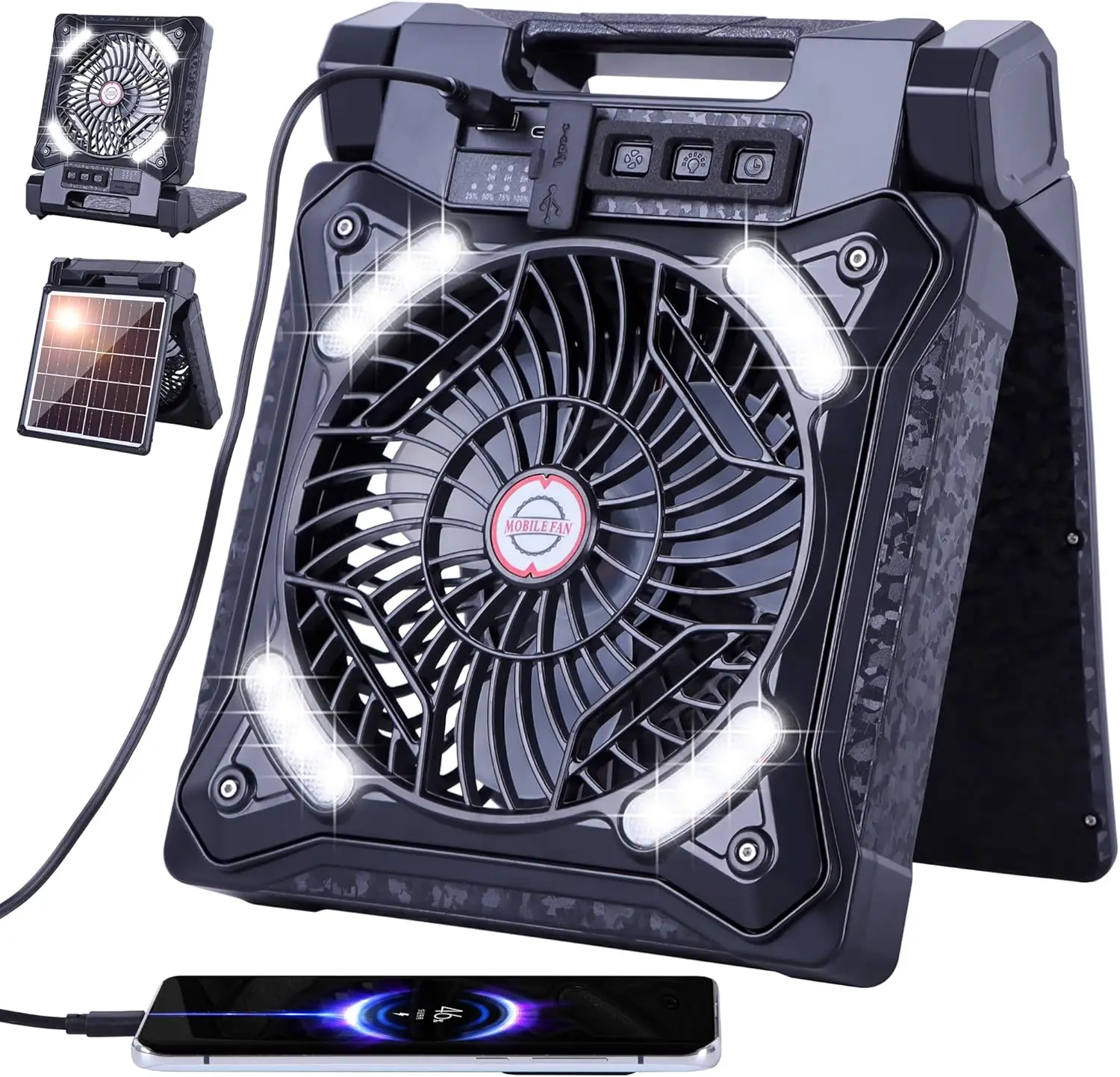 

Solar Powered Fan for Camping, Rechargeable Fan Solar Camping Fan with Led Lantern & Power Bank,4 Powerful Speeds Battery Po