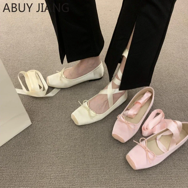 2024 New Women Cross Tie Ballet Flats Shallow Female Sweet Dancing Mary Jane Square Toe Ladies Bow Tie Single Shoe Party Outside