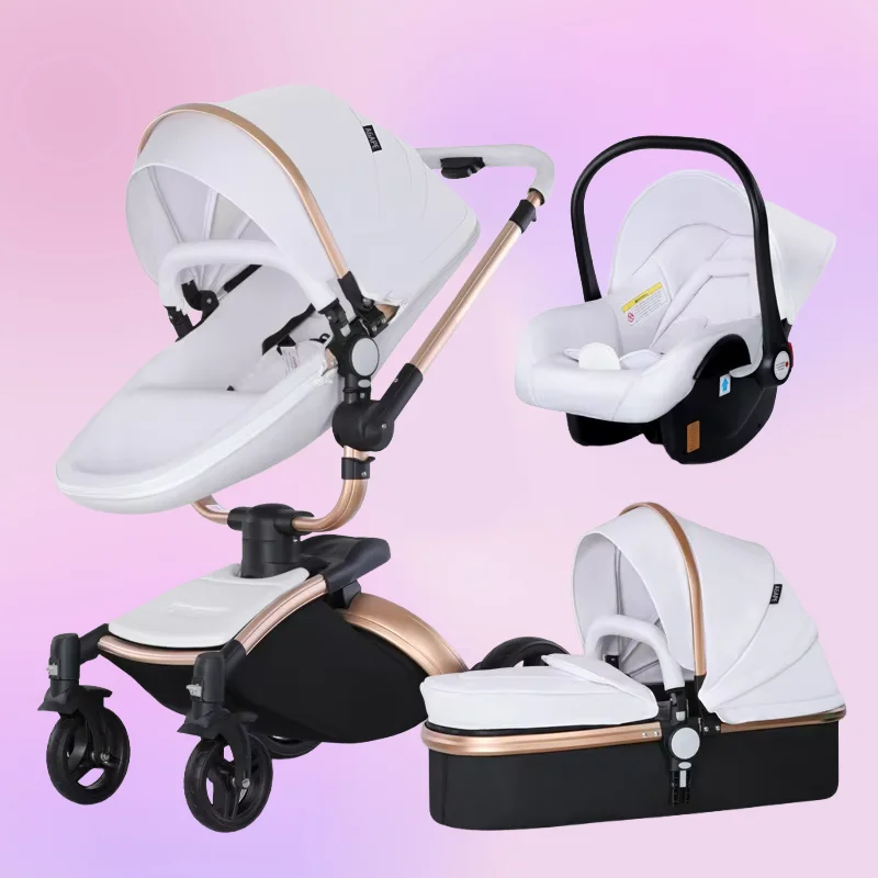 

Luxury Baby Stroller 3in1 Pram Carriage PU Leather High Landscape Rotating 360° Trolley Car Pushchair for Newborns