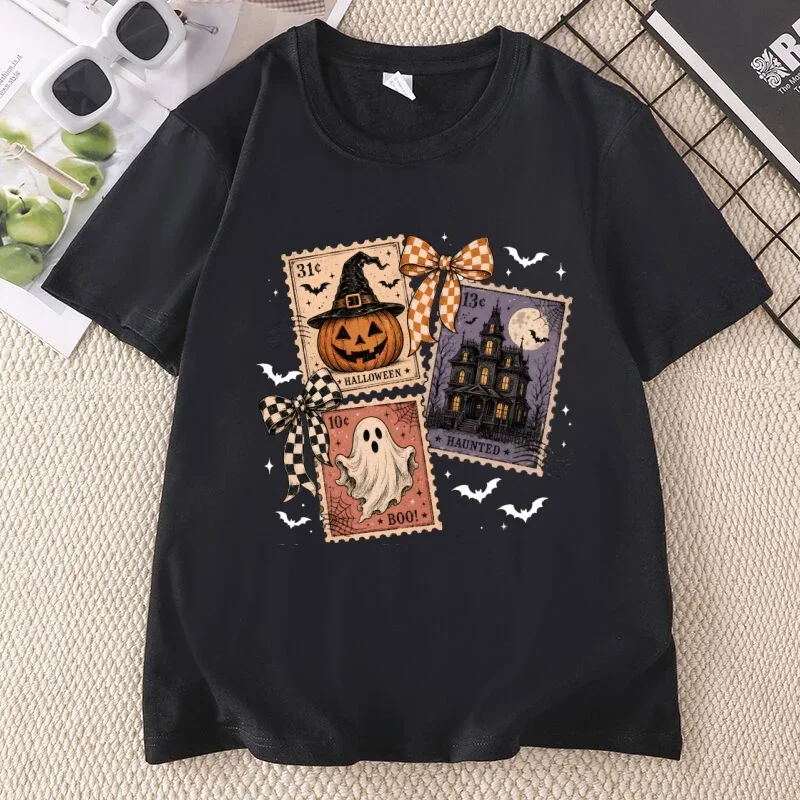 Halloween Stamp T-shirt Ghost Pumpkin T-shirt Casual Round Neck Printed Cotton T-shirt Men's and Women Autumn Clothing T-shirt
