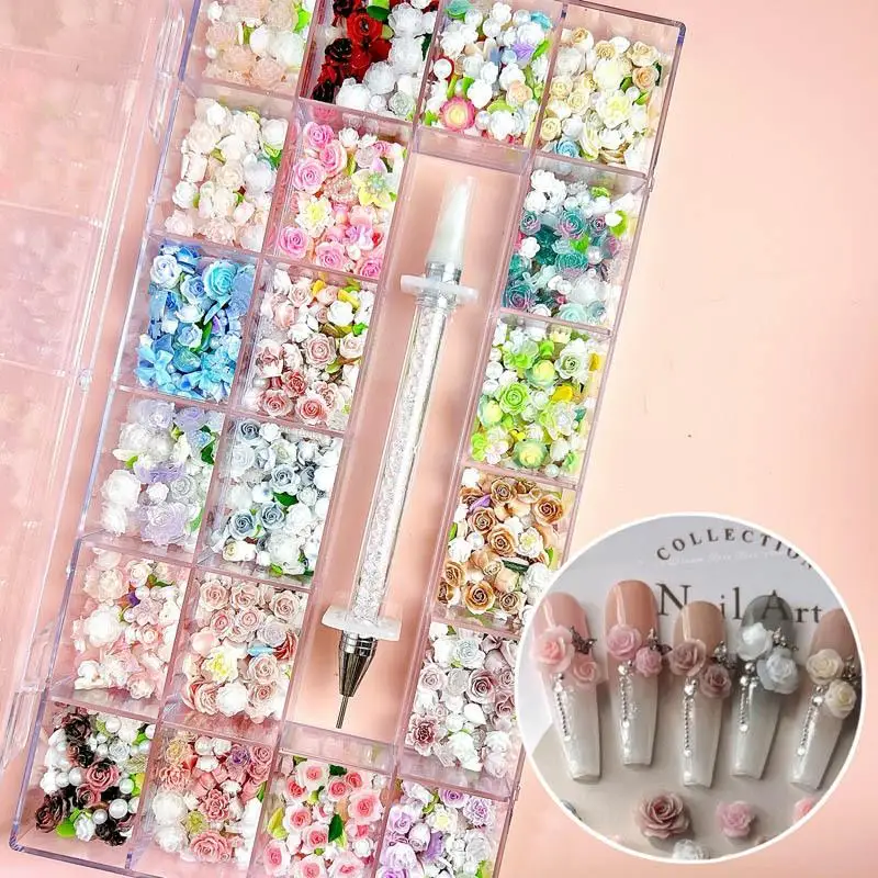 1Box Multiple Styles Resin Flowers Nail Art Charms Pearl Heart Flatback Diamond Nail Decoration Accessories DIY Press on Nail