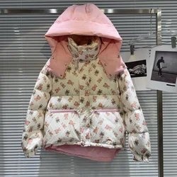 2024 winter Cartoon Bear baby girls Down cotton jacket 3-14 kids Warm loose hooded outerwear child coat manteaux fille 100-170