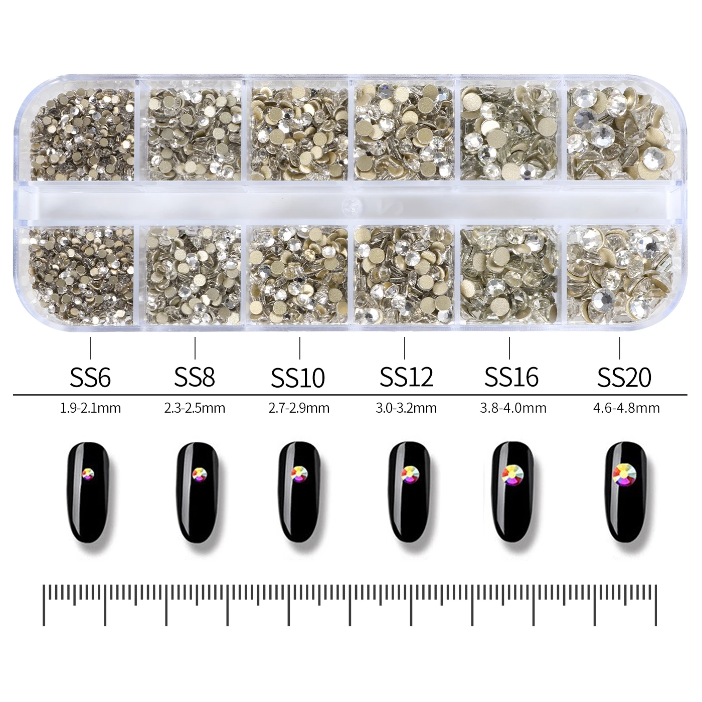 QIIY 12Grids SS6-SS20 Mix Size Glass Rhinestones Golden Bottom Glitter AB Color Strass For Garment Clothes DIY Nail Decoration