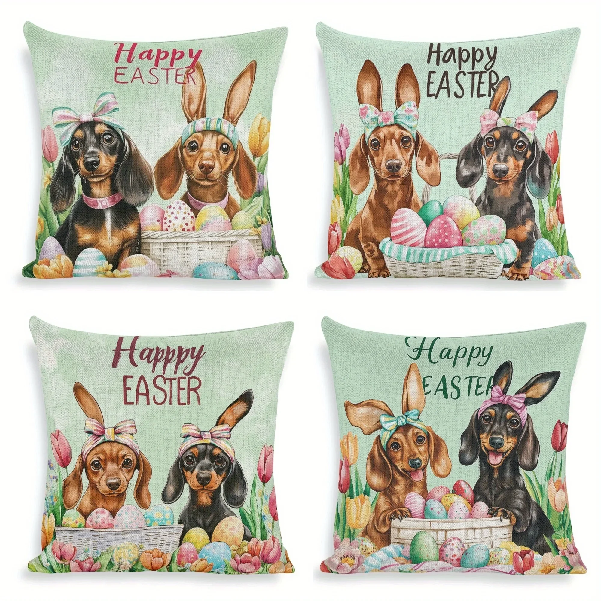 

Happy Easter Pillow Cover Home Holiday Celebration Decoration Puppy and Egg Pattern Design Sofa Chair Cushion Cover