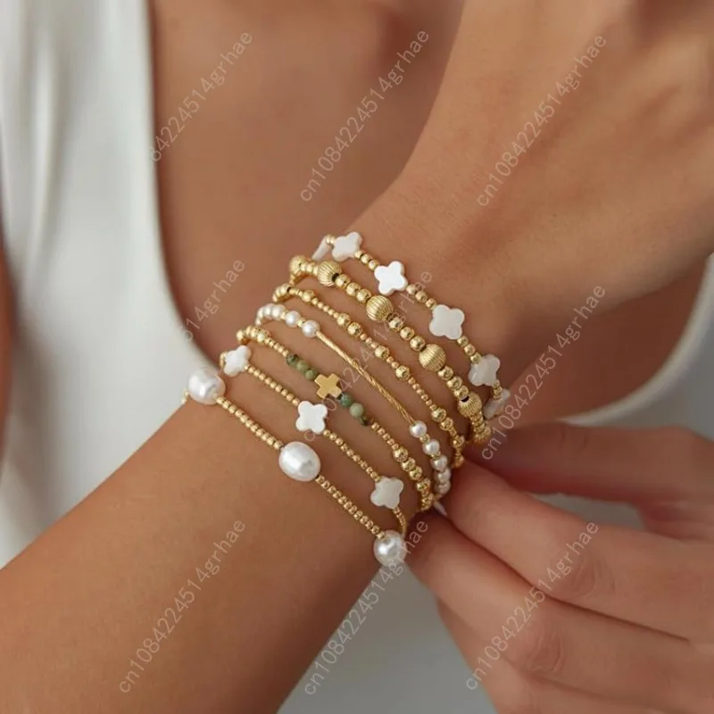 Dainty Cross Clover Gold Beaded Pearl Bracelet Stack for Women,Handmade Boho Gold Plated Beads Stretch Stackable Bracelets Fashi
