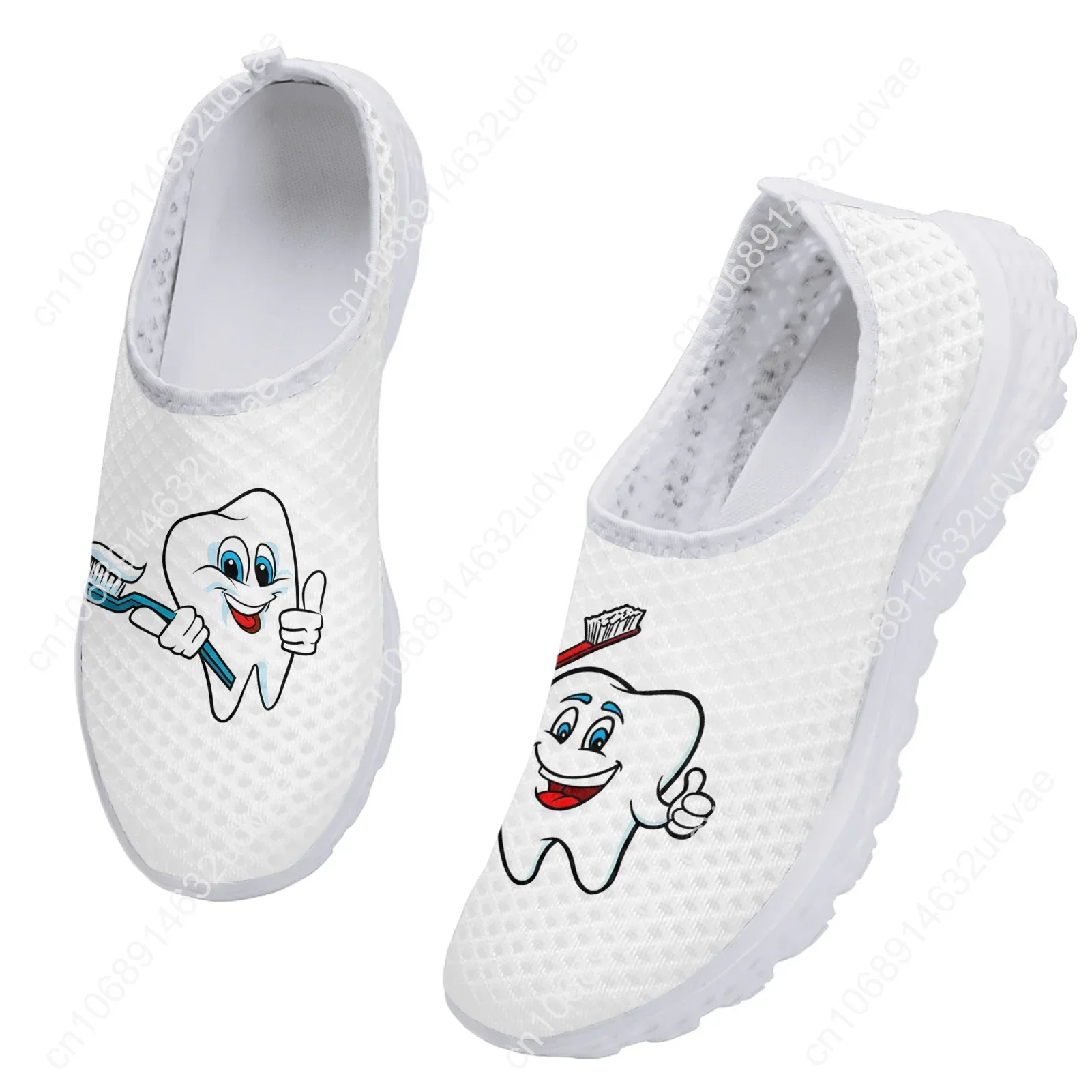 Cute Cartoon Tooth Pattern Women Slip On Sneakers Dentist Mesh Ladies Shoes Light Casual Summer Beach Water Loafers