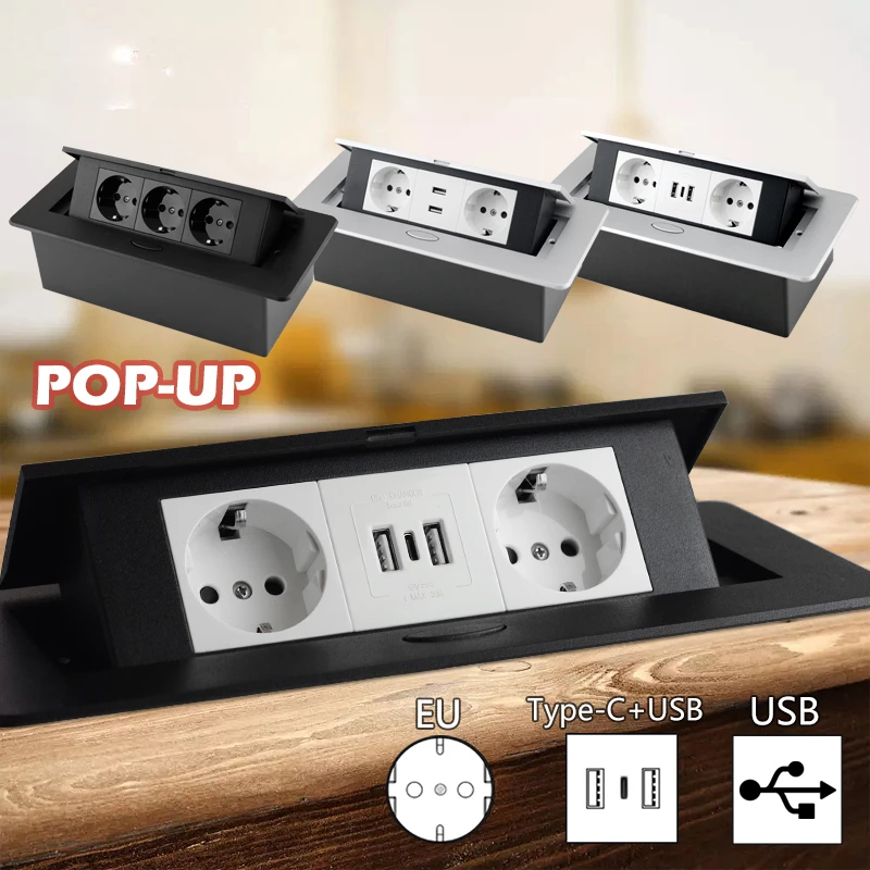 EU Hidden PoP Up Table Socket Desktop 2 3 Outlet with USB Office Kitchen Cabinet Desktop Aluminum Frame Power Electrical Sockets