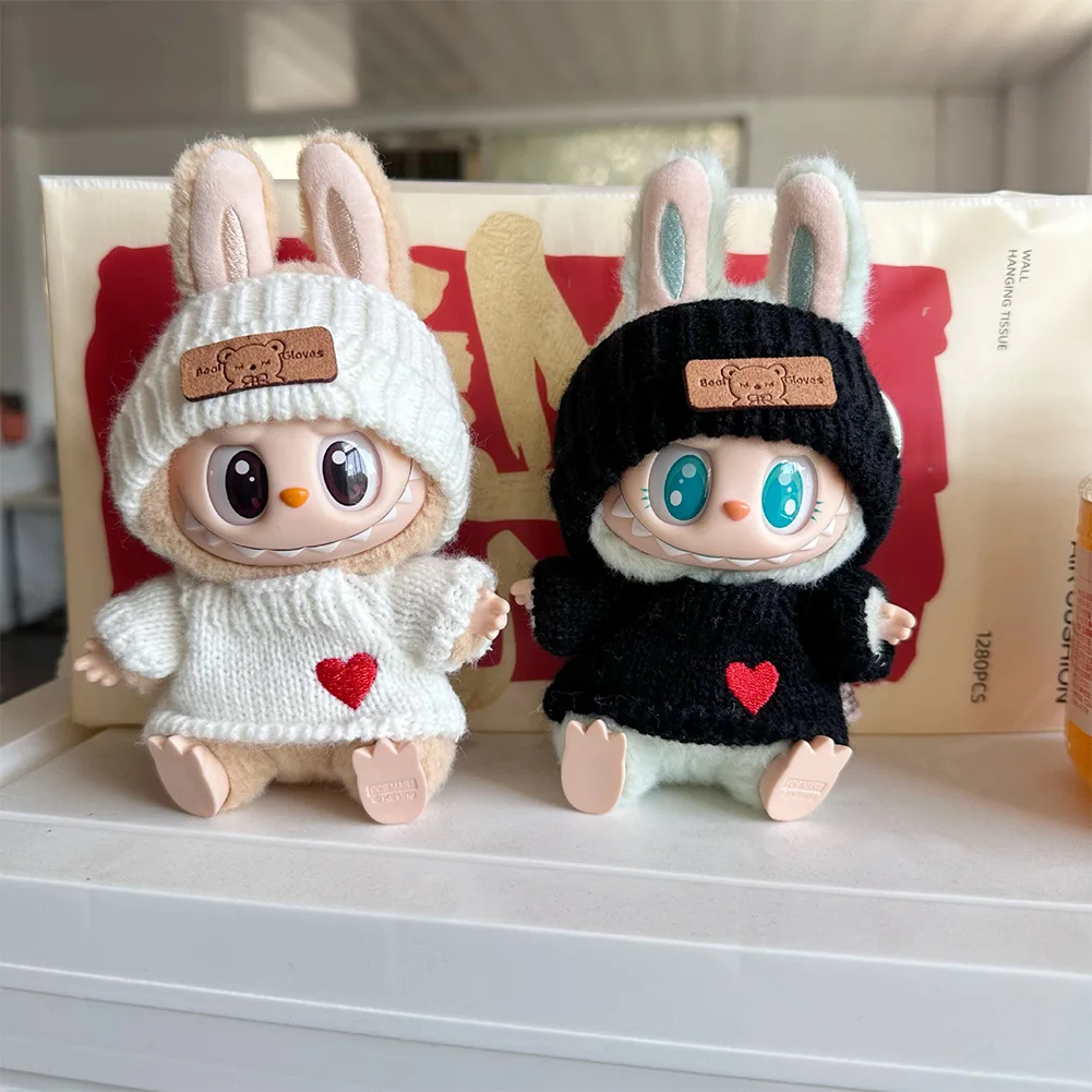 Cute Labubu Bunny Doll Accessories with Knitted Clothes Rabbit Ears Hat Heart Sweater for Toy Collectors Labubu Clothes