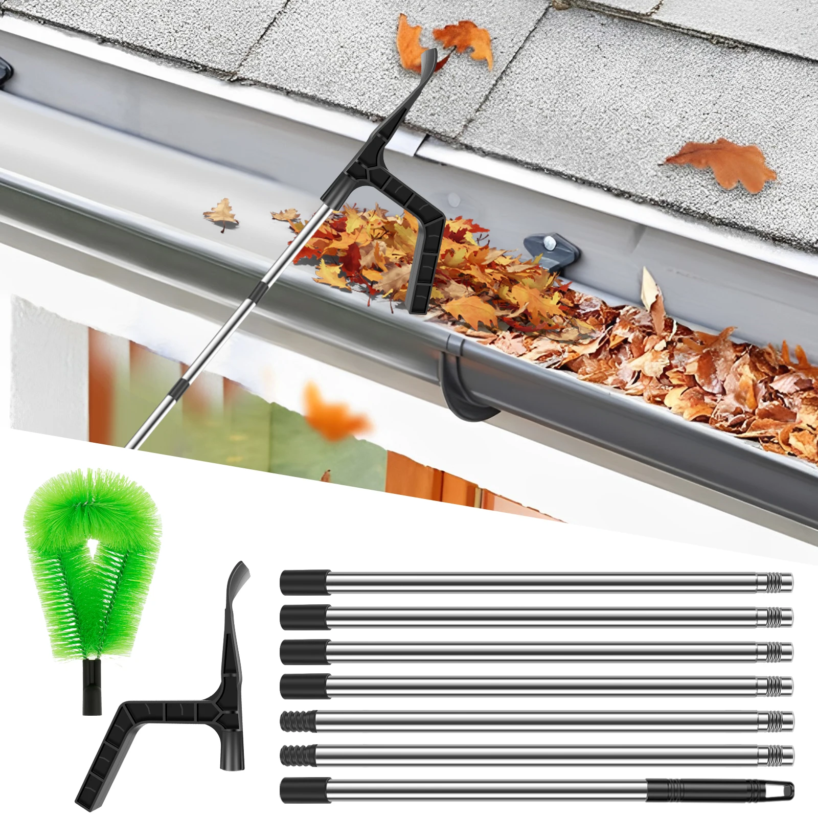 2 in 1 Gutter Cleaning Tools 2.8m Telescopic Gutter Cleaner with 7 Section Pole Reliable Gutter Cleaner Tool for Cleaning Leaves