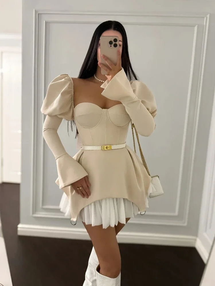 

Women's clothing 2025 summer new design, chest wrapping, irregular puff sleeve dress, short skirt, club clothing, Vestidos